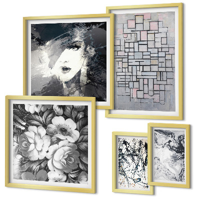 Conjunto de 5 quadros com moldura Retrato moderno de flores abstratas