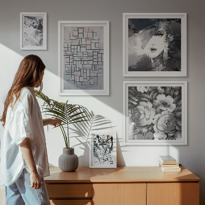 Conjunto de 5 quadros com moldura Retrato moderno de flores abstratas
