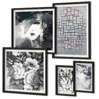 Conjunto de 5 quadros com moldura Retrato moderno de flores abstratas