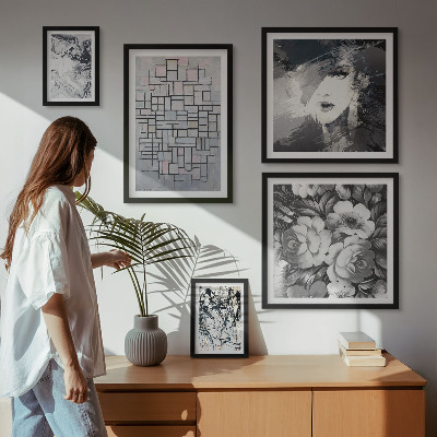 Conjunto de 5 quadros com moldura Retrato moderno de flores abstratas