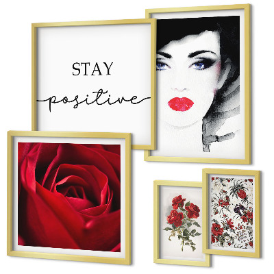 Conjunto de 5 quadros decorativos Retratos de mulheres com flores em estilo vintage