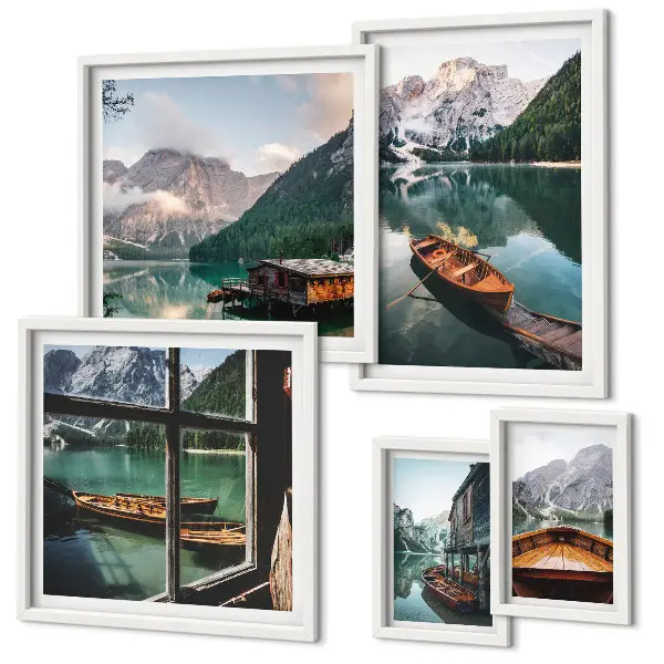 Conjunto de 5 quadros com moldura com paisagens de lagos, montanhas e barcos