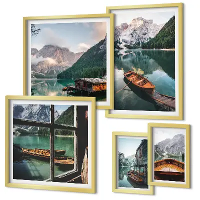 Conjunto de 5 quadros com moldura com paisagens de lagos, montanhas e barcos
