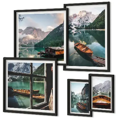 Conjunto de 5 quadros com moldura com paisagens de lagos, montanhas e barcos