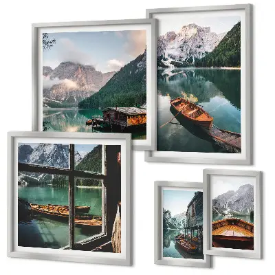 Conjunto de 5 quadros com moldura com paisagens de lagos, montanhas e barcos