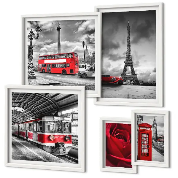 Conjunto de 5 quadros decorativos com temática de ícones arquitetônicos e veículos