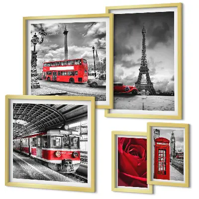Conjunto de 5 quadros decorativos com temática de ícones arquitetônicos e veículos