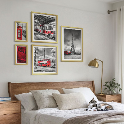 Conjunto de 5 quadros decorativos Ícones arquitetônicos e veículos