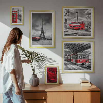 Conjunto de 5 quadros decorativos Ícones arquitetônicos e veículos
