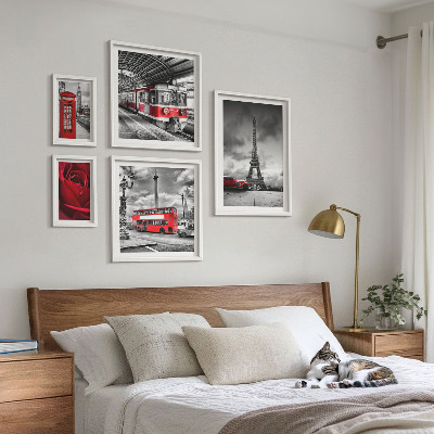 Conjunto de 5 quadros decorativos Ícones arquitetônicos e veículos