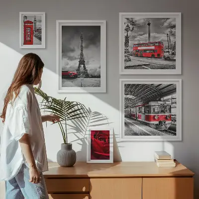 Conjunto de 5 quadros decorativos com temática de ícones arquitetônicos e veículos