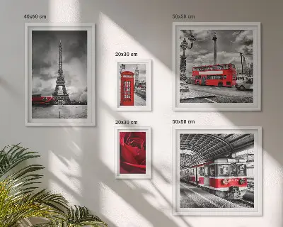 Conjunto de 5 quadros decorativos com temática de ícones arquitetônicos e veículos