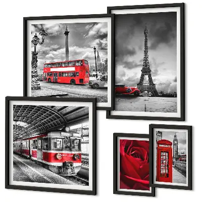 Conjunto de 5 quadros decorativos com temática de ícones arquitetônicos e veículos