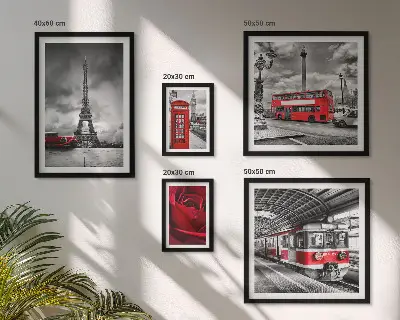 Conjunto de 5 quadros decorativos com temática de ícones arquitetônicos e veículos