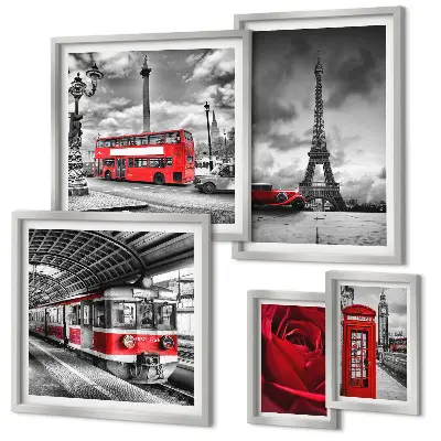 Conjunto de 5 quadros decorativos com temática de ícones arquitetônicos e veículos