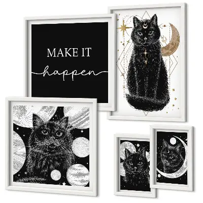 Galeria de parede com estampas de gatos pretos estilo boho