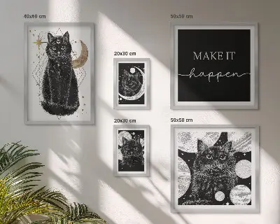 Galeria de parede com estampas de gatos pretos estilo boho