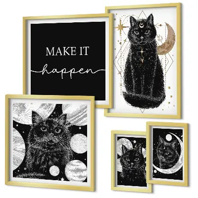 Galeria de parede com estampas de gatos pretos estilo boho