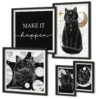 Galeria de parede com estampas de gatos pretos estilo boho