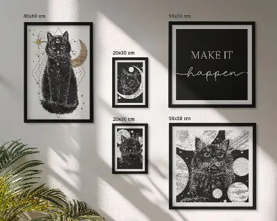 Galeria de parede com estampas de gatos pretos estilo boho
