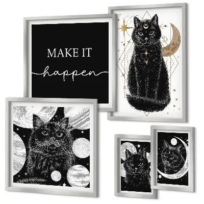 Galeria de parede com estampas de gatos pretos estilo boho