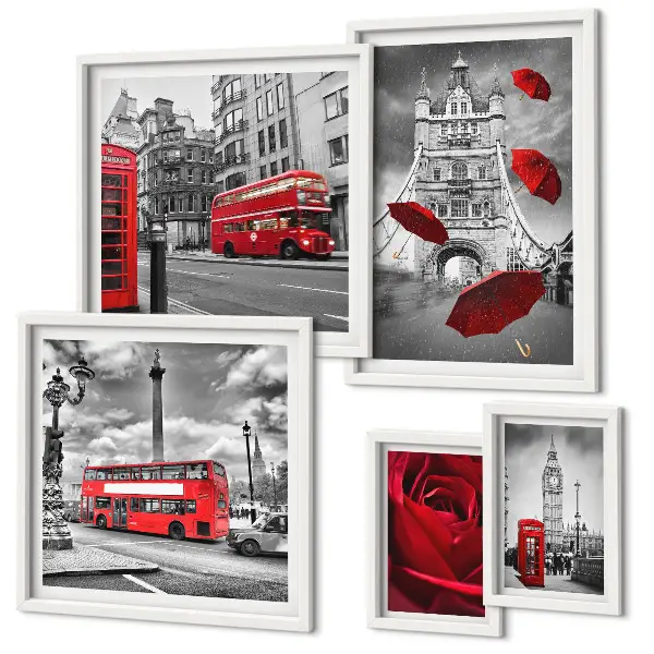 Conjunto de 5 quadros com moldura com motivos londrinos e detalhes em vermelho
