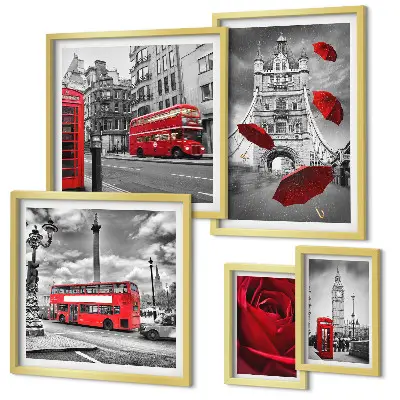 Conjunto de 5 quadros com moldura com motivos londrinos e detalhes em vermelho