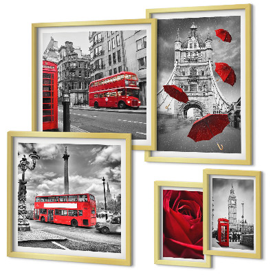 Conjunto de 5 quadros com moldura Motivos londrinos com detalhes em vermelho