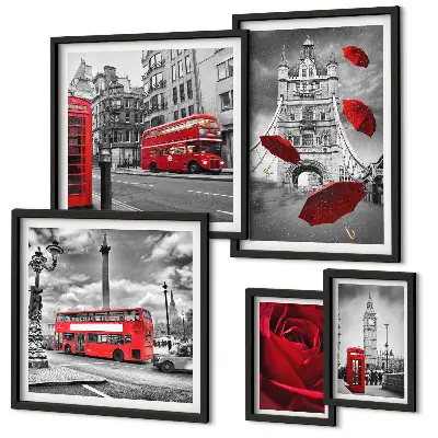 Conjunto de 5 quadros com moldura com motivos londrinos e detalhes em vermelho