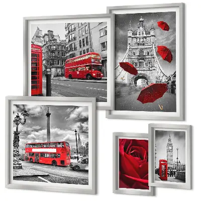 Conjunto de 5 quadros com moldura com motivos londrinos e detalhes em vermelho