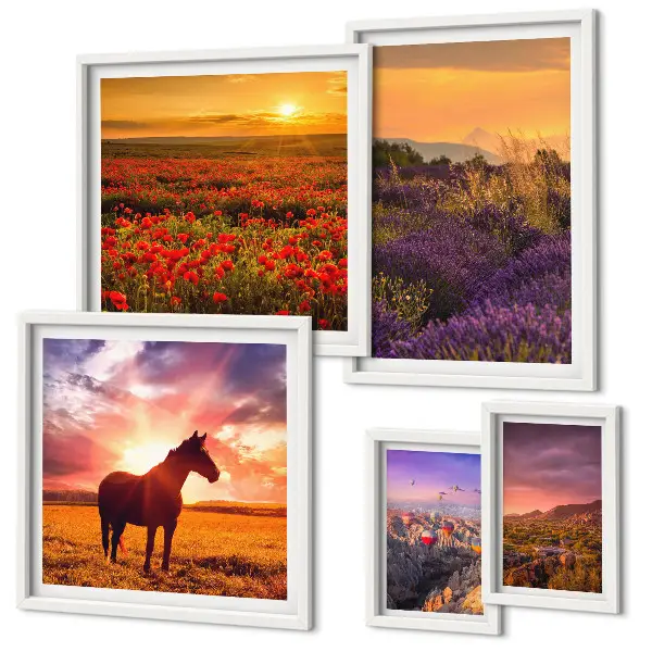 Conjunto de 5 quadros decorativos com paisagens da natureza cavalos e flores