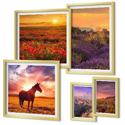 Conjunto de 5 quadros decorativos com paisagens da natureza cavalos e flores