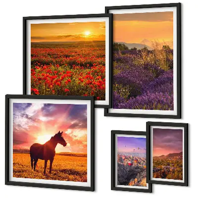 Conjunto de 5 quadros decorativos com paisagens da natureza cavalos e flores
