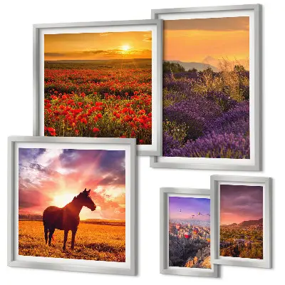 Conjunto de 5 quadros decorativos com paisagens da natureza cavalos e flores