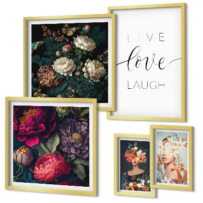 Galeria de parede com slogans motivacionais e flores