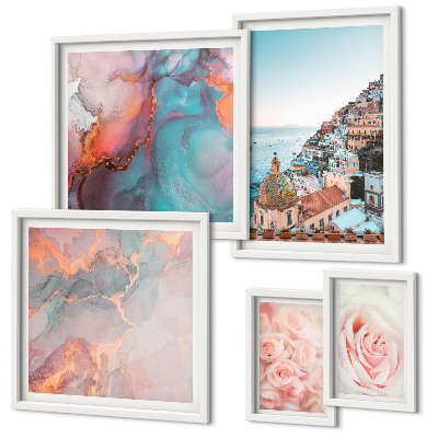 Conjunto de 5 quadros decorativos Paisagens românticas em tons de rosa