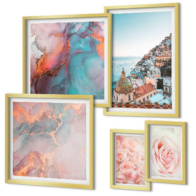 Conjunto de 5 quadros decorativos Paisagens românticas em tons de rosa