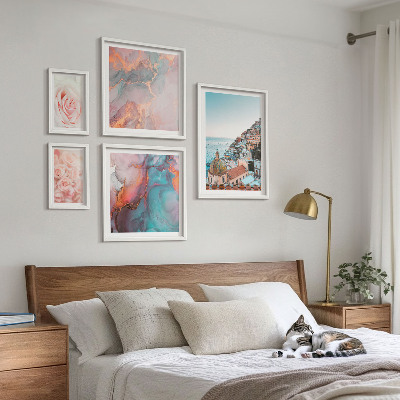 Conjunto de 5 quadros decorativos Paisagens românticas em tons de rosa
