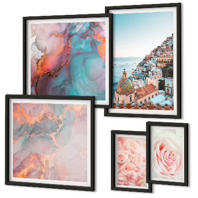 Conjunto de 5 quadros decorativos Paisagens românticas em tons de rosa