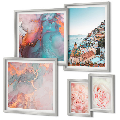 Conjunto de 5 quadros decorativos Paisagens românticas em tons de rosa