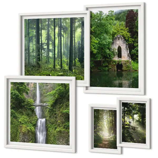 Galeria de parede com tema de florestas verdes e cachoeiras