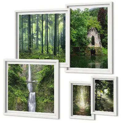 Galeria de parede com tema de florestas verdes e cachoeiras