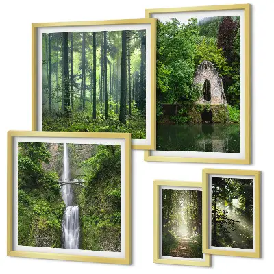 Galeria de parede com tema de florestas verdes e cachoeiras