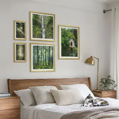 Galeria de parede com tema de florestas verdes e cachoeiras