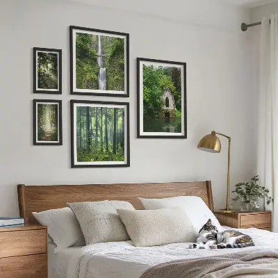 Galeria de parede com tema de florestas verdes e cachoeiras