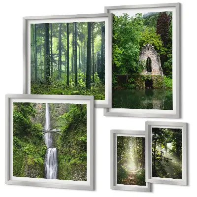 Galeria de parede com tema de florestas verdes e cachoeiras
