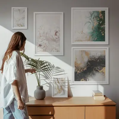 Conjunto de 5 quadros decorativos com detalhes florais e elegância abstrata