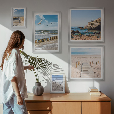 Conjunto de 5 quadros com moldura Paisagens de praia à beira-mar