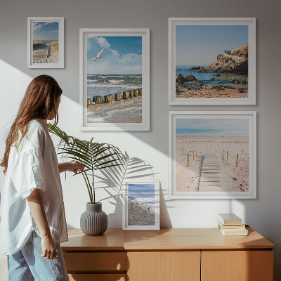 Conjunto de 5 quadros com moldura Paisagens de praia à beira-mar