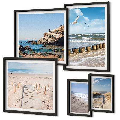 Conjunto de 5 quadros com moldura Paisagens de praia à beira-mar
